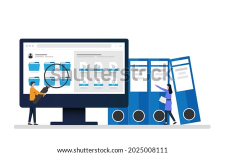 Employees searching and indexing file documents. File manager and data storage concept illustration.