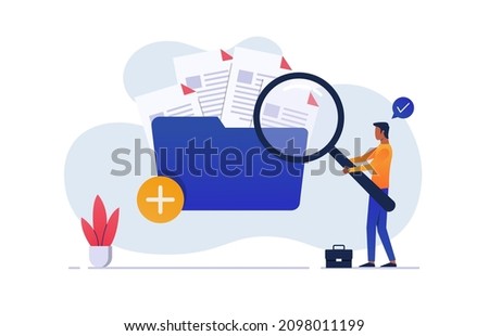 Male worker add files to big folder. Storage and indexing of information. Businessman holds magnifying glass. User and data archive. Database, searching info. Stock foto © 