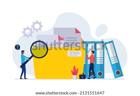Workers searching file. employee uses magnifying glass. File binders, yellow folder with documents. File manager, data storage and indexing. Files search.