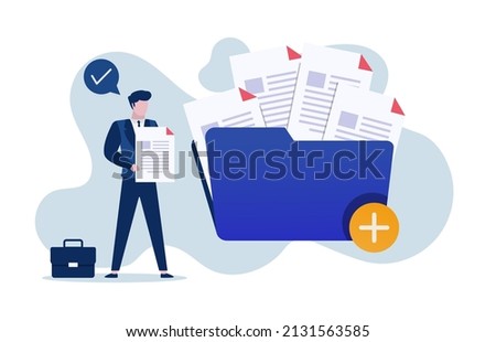 Businessman adds file to big folder. Storage and indexing of information. Businessman holds paper document. User and data archive.