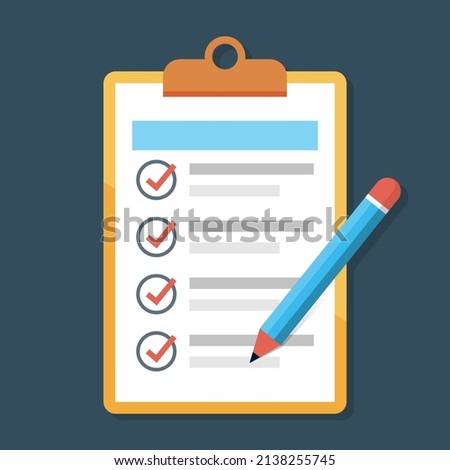 Checklist with pencil icon. Flat vector illustration.