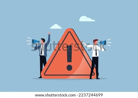 Attention or warning information, breaking news or urgent message communication with businessmen holding megaphone, important announcement