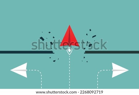 Overcoming obstacles, barrier, target, goal with red paper plane breaking through obstacle when the others paper plane don't. Business solution or leadership and effort for growth and success