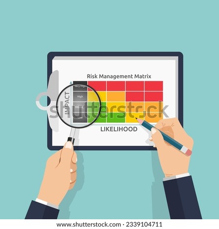 A manager hands holding pencil and magnifier with matrix form, Business risk assessment and safety concept, evaluating on the impact and likelihood category for risk management