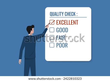 Businessman hand drawing a red check mark in one checkbox with excellent word, quality control or assurance approval