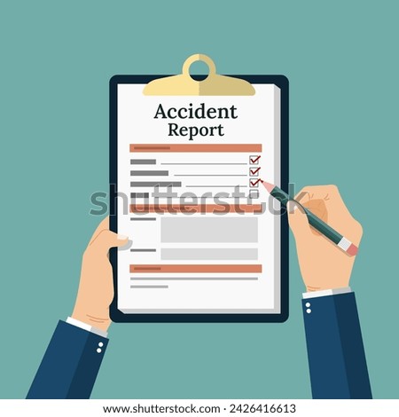 Accident report form, a man write application form for the document, pencil and clipboard in hand 