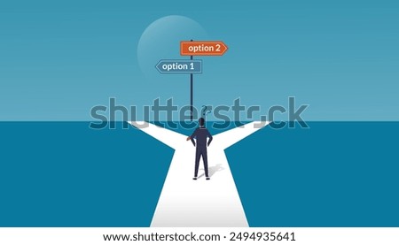 A businessman in doubt, having to choose between two different choices indicated by path pointing in opposite direction