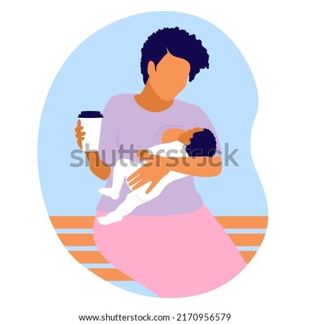 Mother with a child in her arms. Breastfeeding sits on a bench and drinks coffee. Glass of coffee in hand. Moms need coffee. Feeding a child in a public place. Vector flat illustration.
