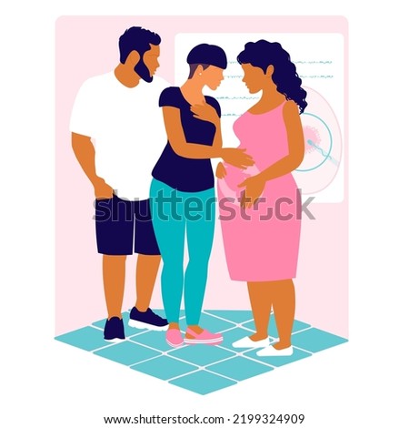 Meeting of the child's parents and the surrogate mother in the clinic. Mom feels the movements and jerks of the baby in the abdomen. Vector flat illustration