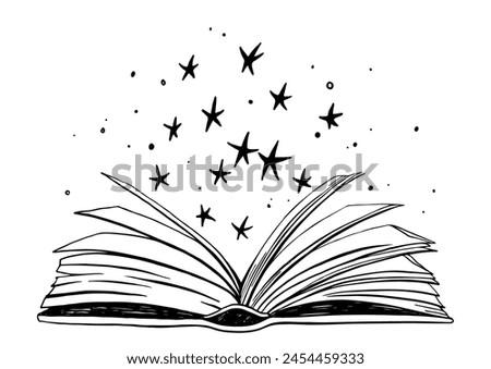 Shining Magic Book. An open paper book glows and sparkles. Black and white doodle sketch. Conceptual vector illustration about reading, education.