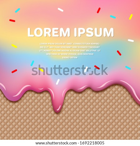 Rainbow Pastle ice cream melted on chocolate cone background Vector