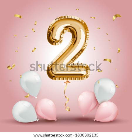 Elegant Greeting celebration two year birthday. Anniversary number 2 foil gold balloon. Happy birthday, congratulations poster. Golden numbers with sparkling golden confetti. Vector background