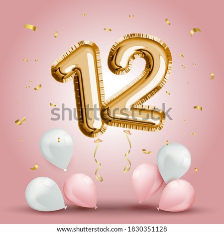 Elegant Greeting celebration twelve years birthday. Anniversary number 12 foil gold balloon. Happy birthday, congratulations poster. Golden numbers with sparkling golden confetti. Vector background