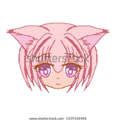 Pixel art, Pink-haired anime girl with ears. Mile for chat. Sticker.