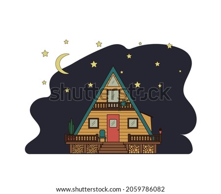 Wooden cabin on stilts against the background of the night sky and stars. Cozy hut with a veranda and a porch.