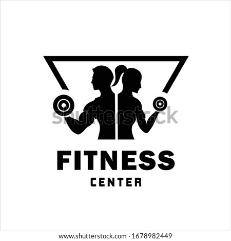 Fitness Center logo. Sport and fitness logo Design . Gym Logo Icon Design Vector Stock, or emblem with woman and man silhouettes. Woman and Man holds dumbbells. Isolated on white background