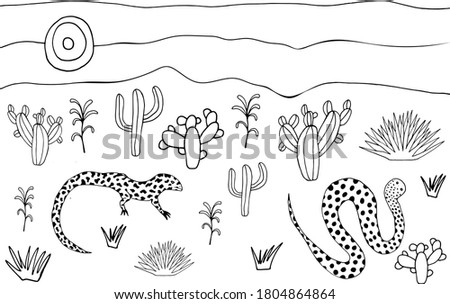 Coloring page with lizard, snake, desert landscape, cactuses, plants. Anti stress coloring book for children and adults. Vector stock illustration.