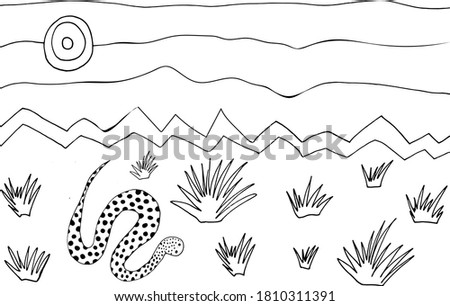 Coloring page with desert landscape, plants and cute snake. Anti stress coloring book for children and adults. Vector stock illustration.