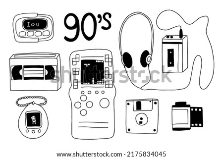 90's retro doodle objects illustration set. Vector cassette player, tamagotchi and floppy disk hand drawn clip art