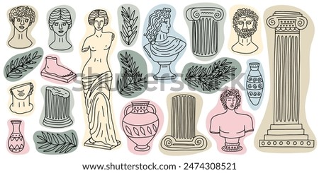 Vector set of Greek marble statues in sketch style. Antique sculpture hand drawn line set Woman body, heads, foot, olive branch, vases and columns