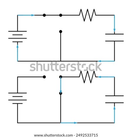 Simple RC circuit with an open and closed switch depicting a charging and discharging capacitor with a resistor, capacitor, and battery. Blue current flows over black wires on a white background.