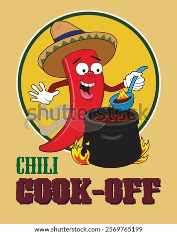 A cartoon red hot pepper enjoying some chili.