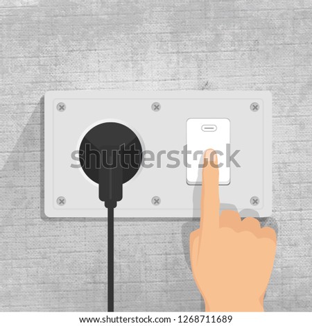 Power socket. Light switch. Connecting the plug. finger pressing light switch button. gray background