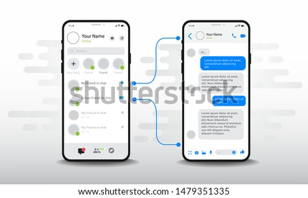 Chat UI Application design concept. Social network messenger communication service screen template. Mobile phone live chat boxes. Smartphone online app on screen. Vector flat style illustration, UX UI