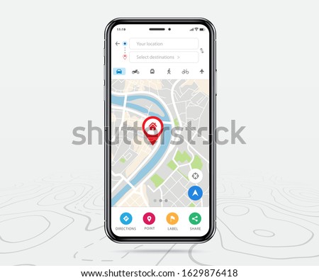 Mobile map gps, Smartphone map application and red pinpoint on screen, App search map navigation, isolated on line maps background, Vector illustration for graphic design