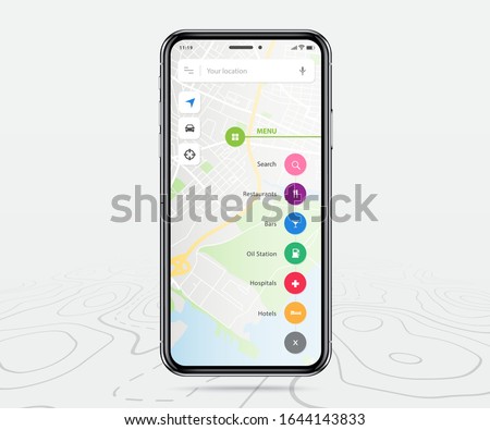 Map GPS navigation app ux ui concept, Mobile map application, Smartphone App search map navigation, Technology map, City navigation maps, City street, gps tracking, Location tracker, Vector