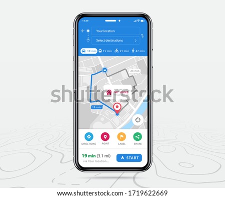 Map GPS navigation, Smartphone map application and destination red pinpoint on screen, App search map navigation, colorful buttons and maps icons, Vector illustration for graphic design