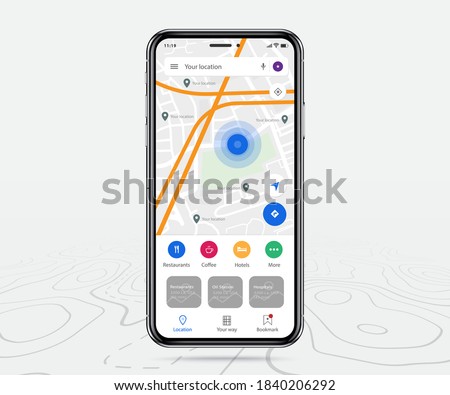 Map GPS navigation, Smartphone map application and pinpoint on screen, App search map navigation, isolated on line maps background, Vector illustration textures technology UI, UX, GUI design
