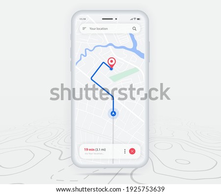 Map GPS navigation, Smartphone map application and red pinpoint screen, App search map navigation, Technology map, City navigation maps, City street, gps tracking, Location tracker, Vector