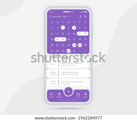 Mobile app calendar planner concept, Activity calendar template UI UX, Smartphone calendar schedule agenda annual planning meeting application, Calendar events, Appointment, Event app, Vector phone