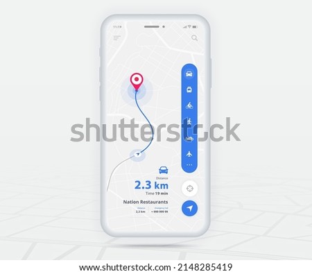 Map GPS navigation app ux ui concept, Mobile map application, Smartphone App search map navigation, Technology map, City navigate maps, City street, gps tracking, Location tracker, Vector illustration ストックフォト © 