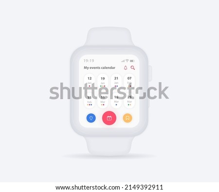 Smartwatch calendar planner app concept, Activity calendar clock UI UX, Wristwatch calendar schedule agenda annual planning meeting application, Calendar events, Appointment, Event fitness, Vector