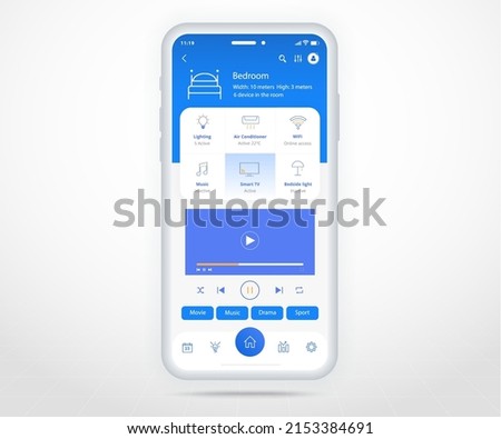 Smartphone smart home controlled app UX UI, IOT Internet of things technology, Digital future home automation tech, smart devices application phone, Wifi tv lighting heating air, vector illustration