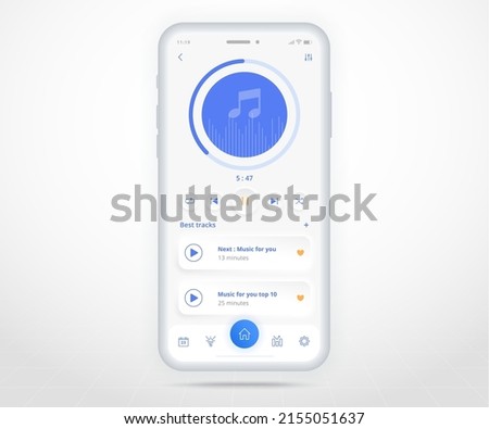 Smartphone smart home music player controlled app UX UI, IOT Internet of things technology, Digital future home automation tech, smart devices application phone, audio song play, vector illustration