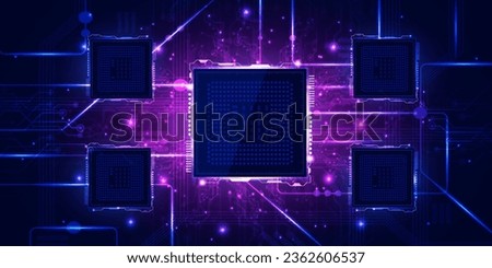 Digital technology CPU processor chip blue background, cyber nano circuit board microchip, abstract communication, innovation futuristic tech, internet network connection, Ai big data, illustration 3d