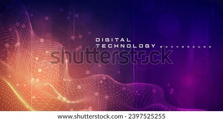 Digital technology futuristic big data orange purple background, cyber nano information, abstract communication, Ai innovation future tech data, internet network speed connection line dot illustration