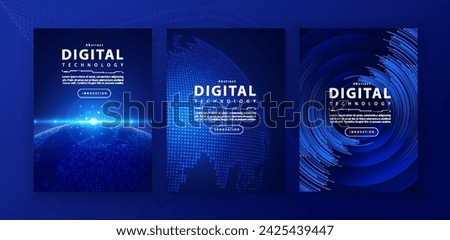 Poster brochure cover banner presentation layout template, technology digital futuristic internet network connection blue background, abstract cyber future tech communication, Ai big data science 3d