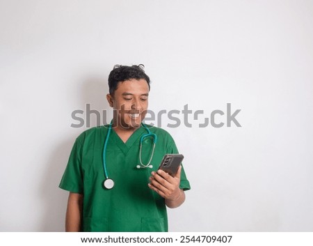 Similar – Image, Stock Photo Doctor making a phone call. Hospital staff working at night duty. Woman wearing uniform, cap and face mask to prevent virus infection