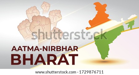 VECTOR ILLUSTRATION FOR SELF DEPENDENT INDIA,WITH HINDI TEXT AATMA NIRBHAR BHARAT MEANS SELF DEPENDENT INDIA, ILLUSTRATION IS  SHOWING INDIAN MAP WITH UNITY HANDS ON INDIAN FLAG BACKGROUND