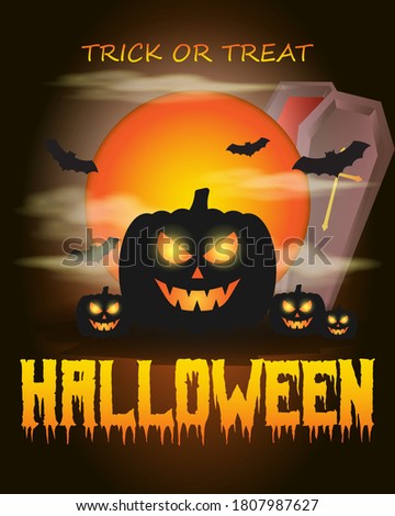 Vector illustration of halloween, scary pumpkins in front of fullmoon and clouds, bats, coffin, spooky halloween poster.