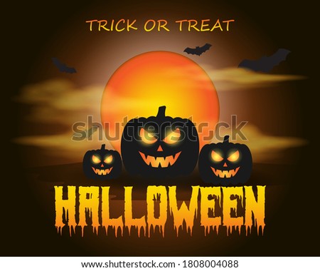 Vector illustration of halloween, scary pumpkin in front of fullmoon and clouds with bats, spooky halloween poster.