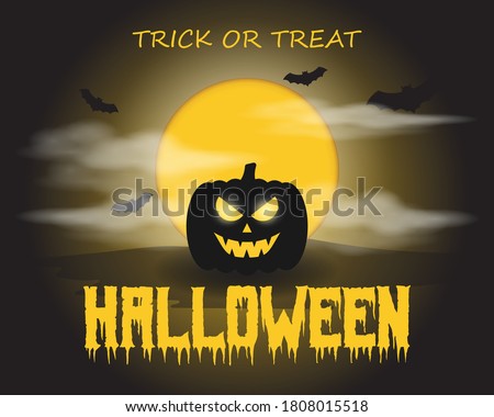 Vector illustration of halloween, scary pumpkin in front of fullmoon and clouds with bats, spooky halloween poster.