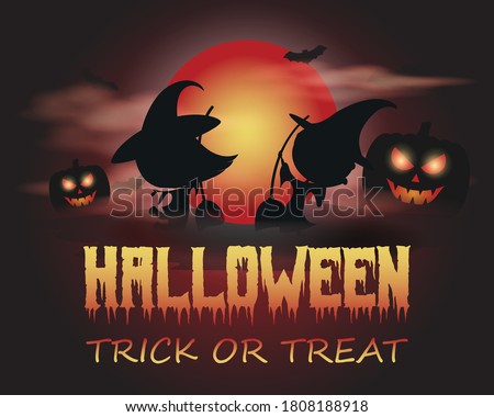 Vector illustration of halloween, jumping boy and girl with broom in witch clothes, scary pumpkin in front of fullmoon and clouds with bats, spooky halloween poster.