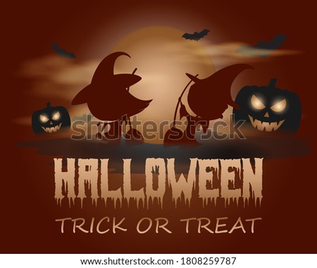 Vector illustration of halloween, jumping boy and girl with broom in witch clothes, scary pumpkin in front of fullmoon and clouds with bats, spooky halloween poster.