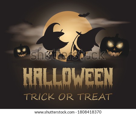 Vector illustration of halloween, jumping boy and girl with broom in witch clothes, scary pumpkin in front of fullmoon and clouds with bats, spooky halloween poster.