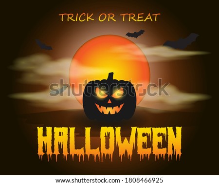 Vector illustration of halloween, scary pumpkin in front of fullmoon and clouds with bats, spooky halloween poster.